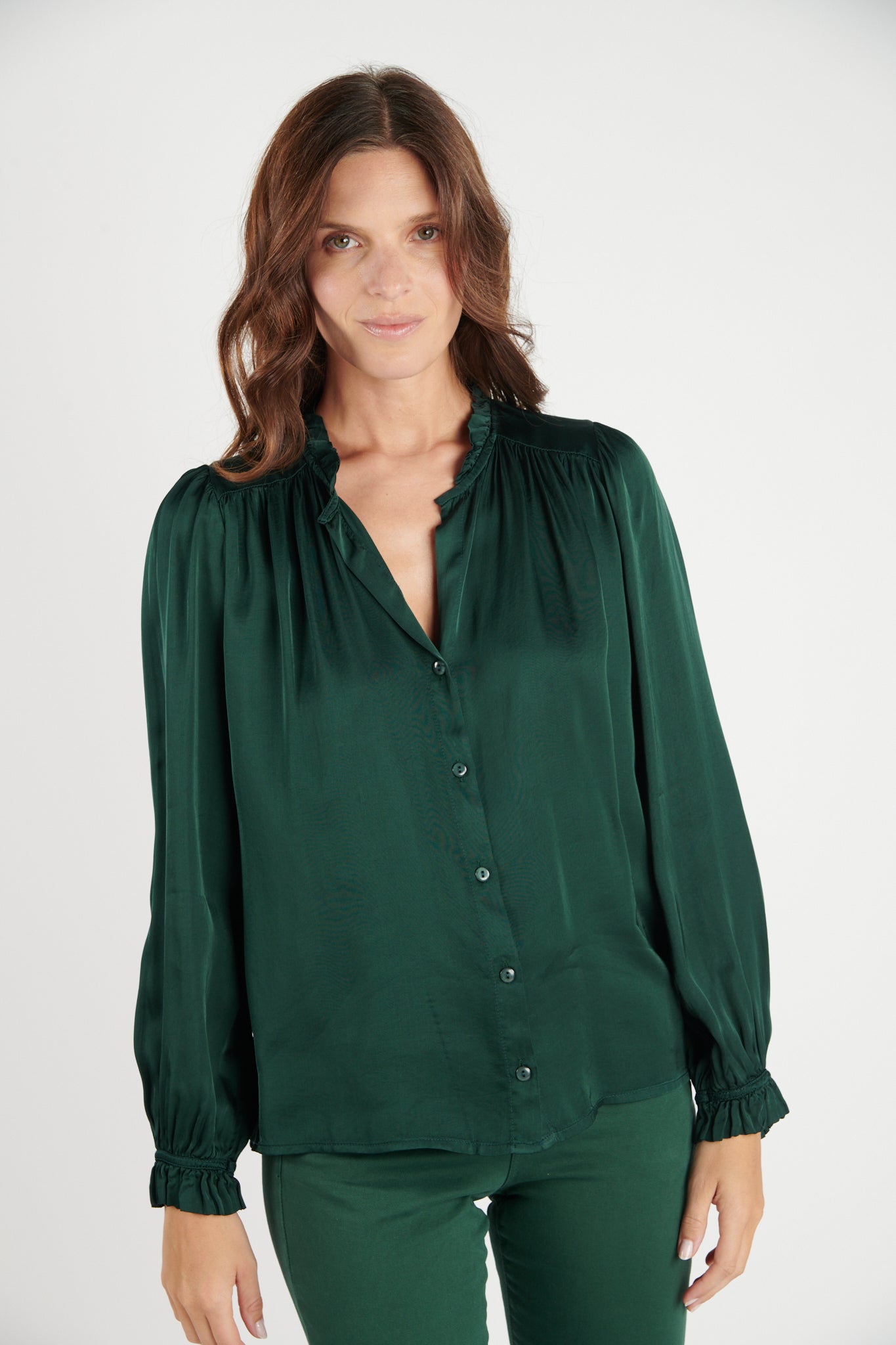 CHEMISE COL PLISSÉ FLORA VERT PIN