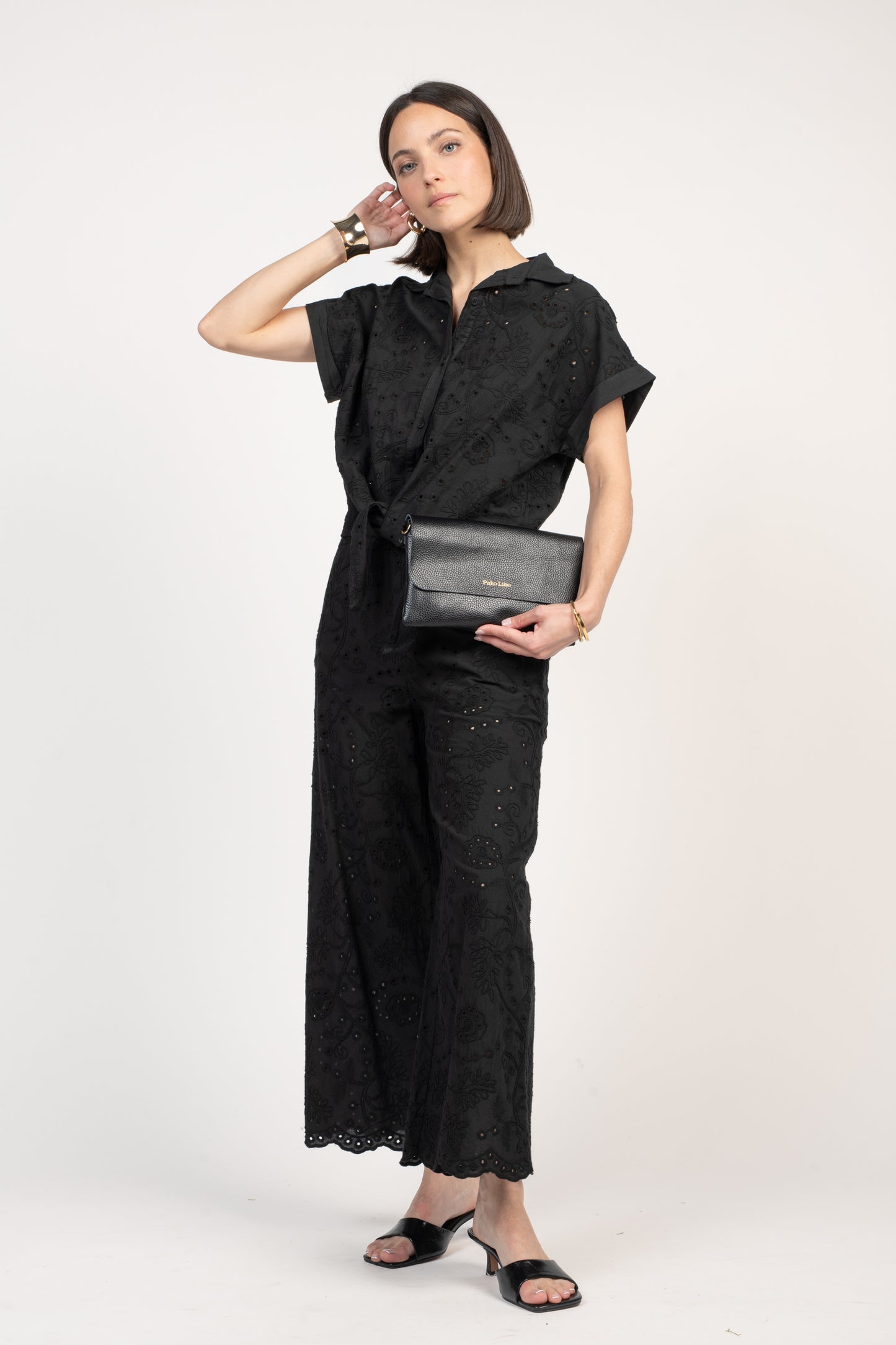 PANTALON BRODÉ 7/8ÈME NOIR FLORA