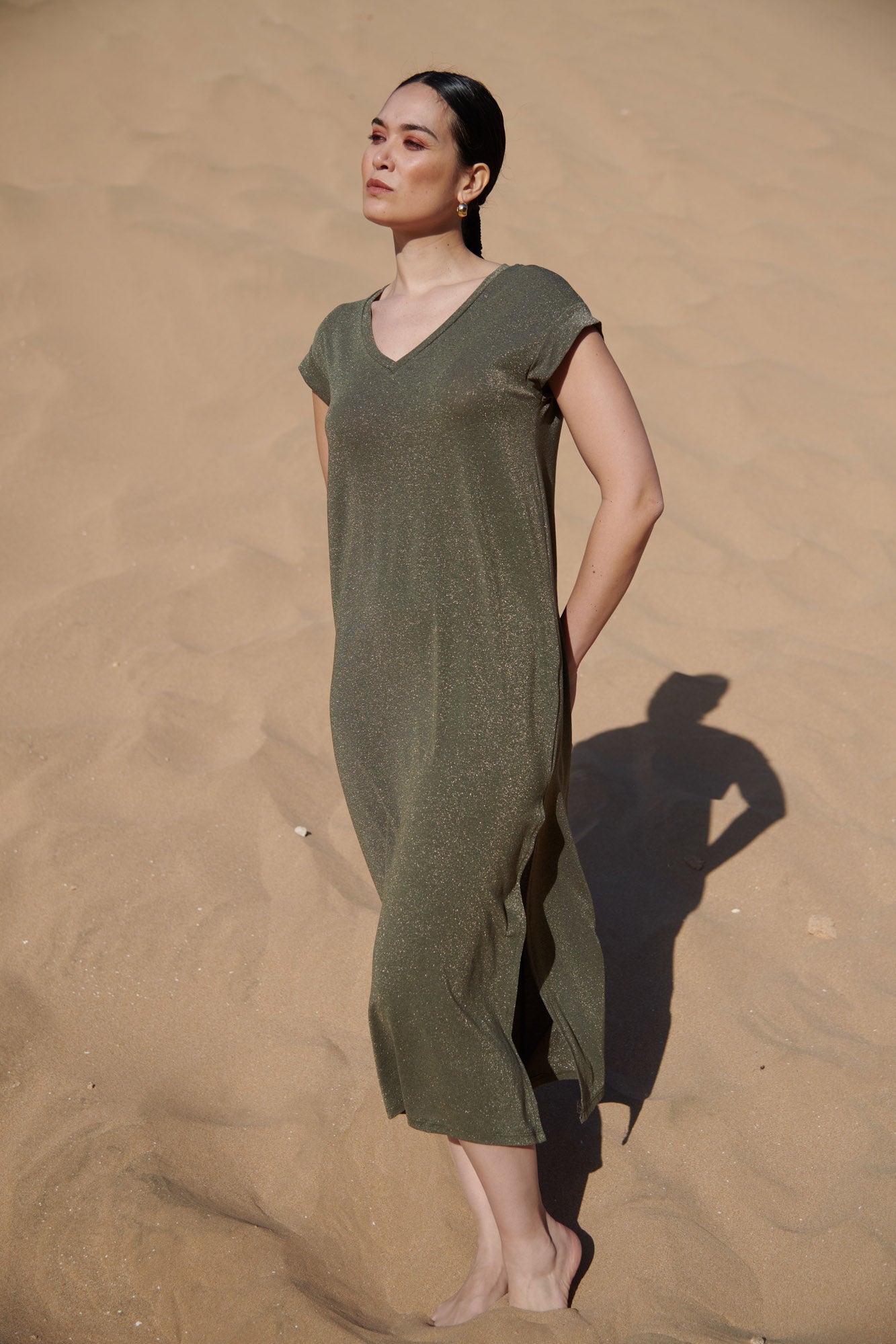 ROBE LONGUE À PAILLETTES CHACE KAKI