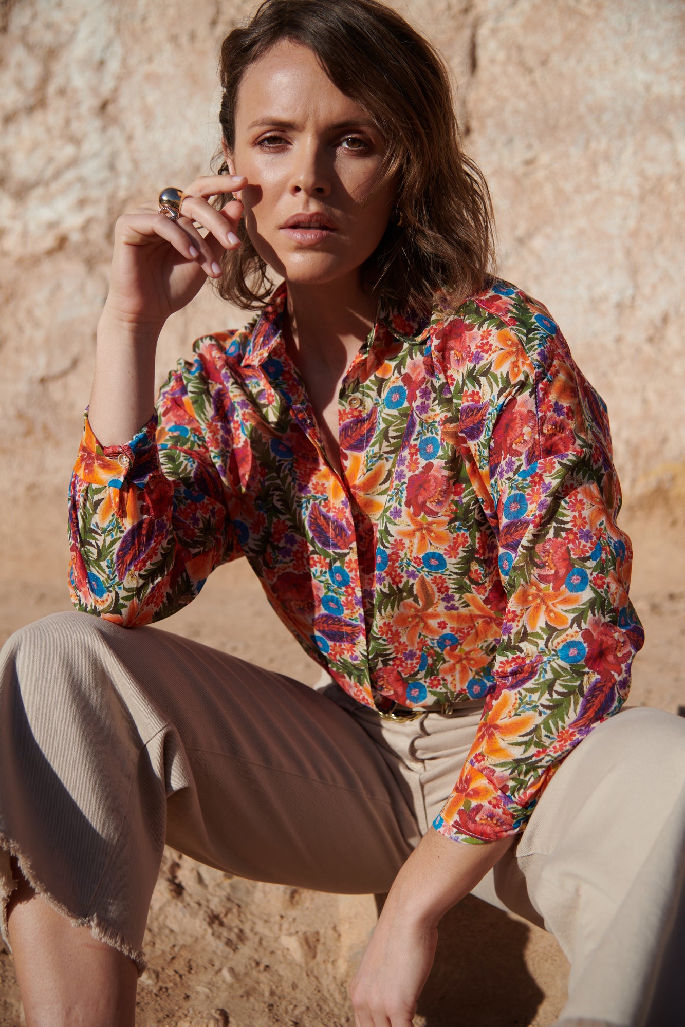 CALIXTE TROPICAL PRINT COTTON VOILE SHIRT