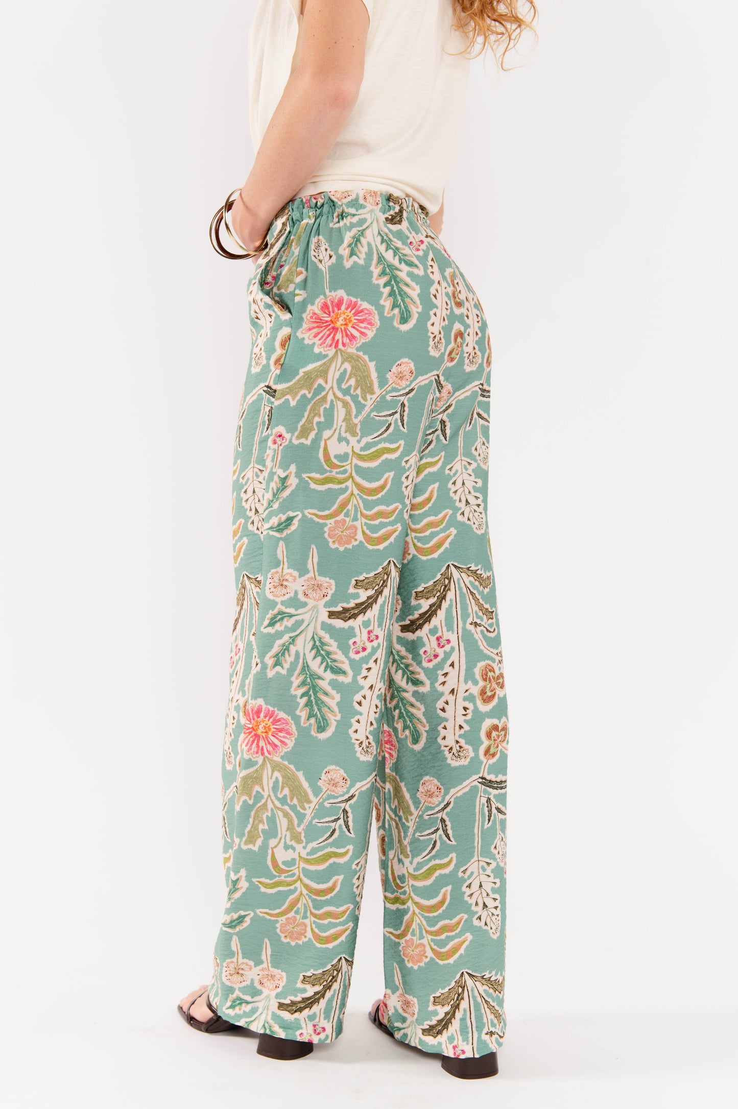 PANTALON À FLEURS FABIO VERT D'EAU