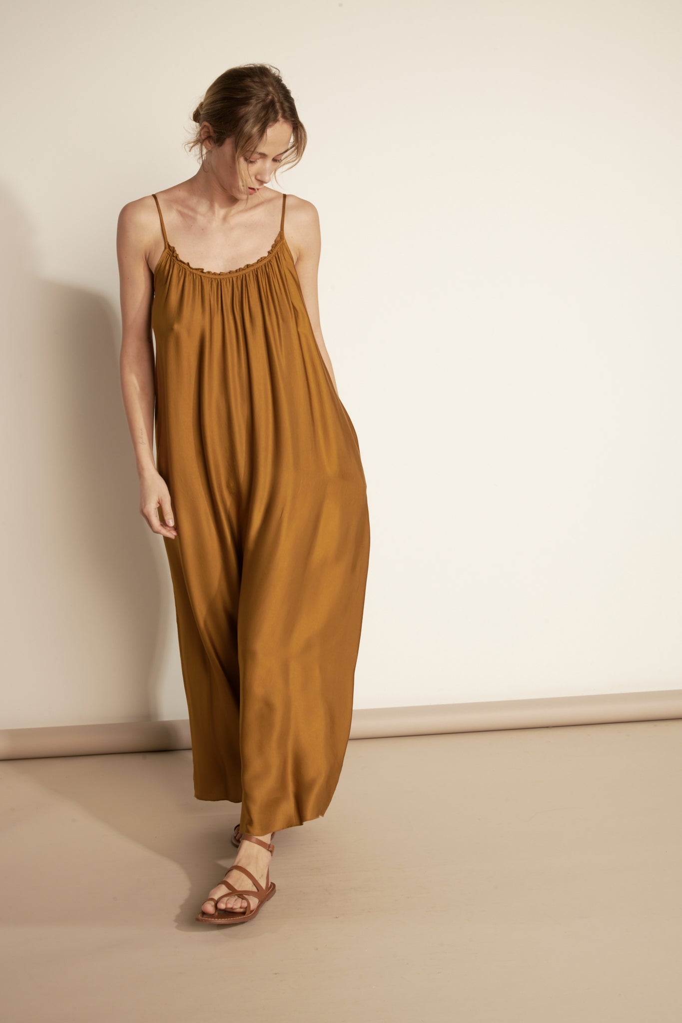 LONG SILKY FINE STRAP DRESS (FA650A05Q) - AMBER