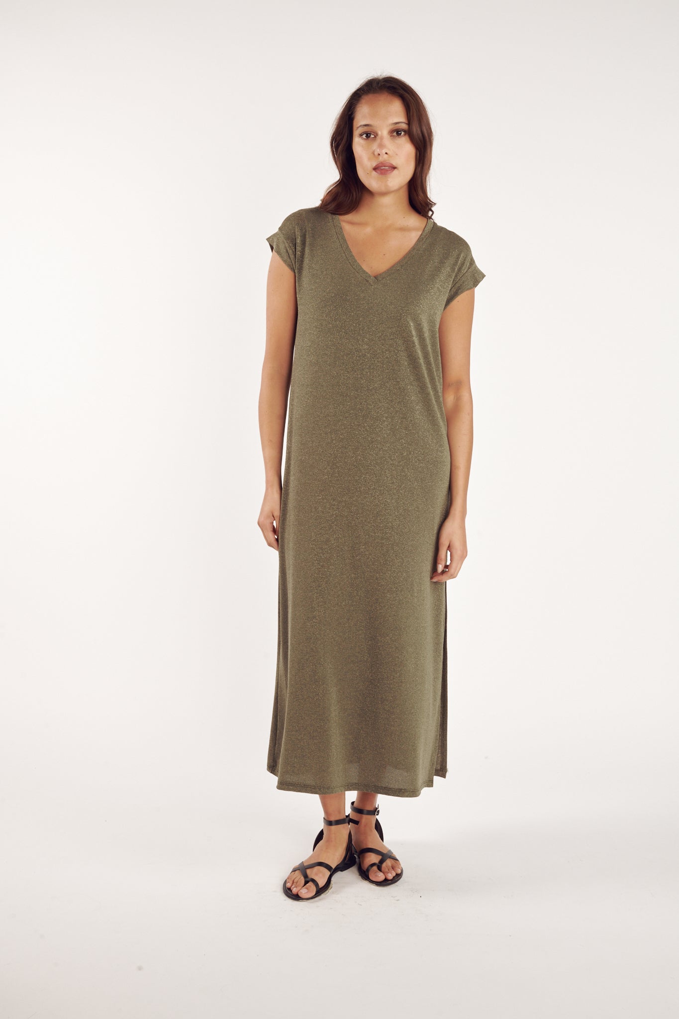 ROBE LONGUE À PAILLETTES CHACE KAKI