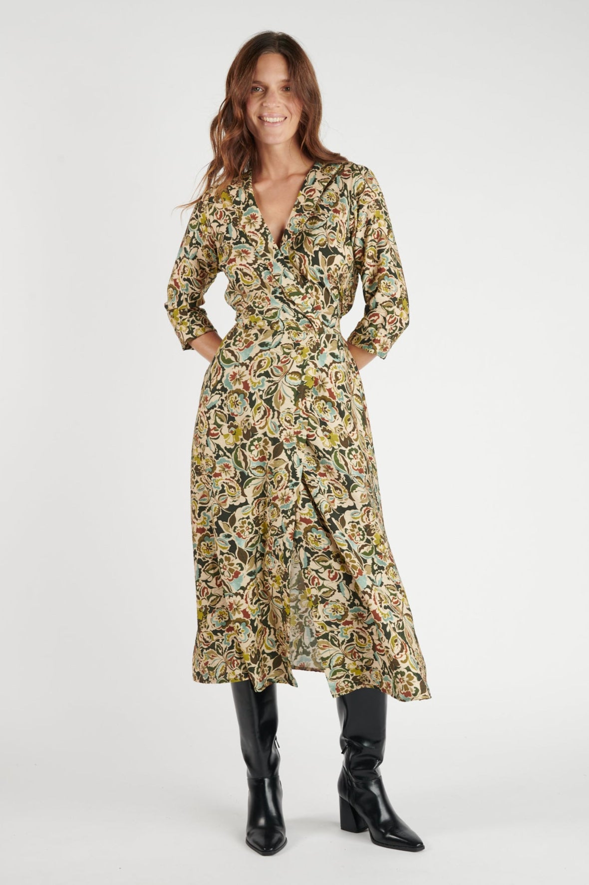 ROBE LONGUE CACHE COEUR DAYA IMPRIMÉ FLOWER KAKI