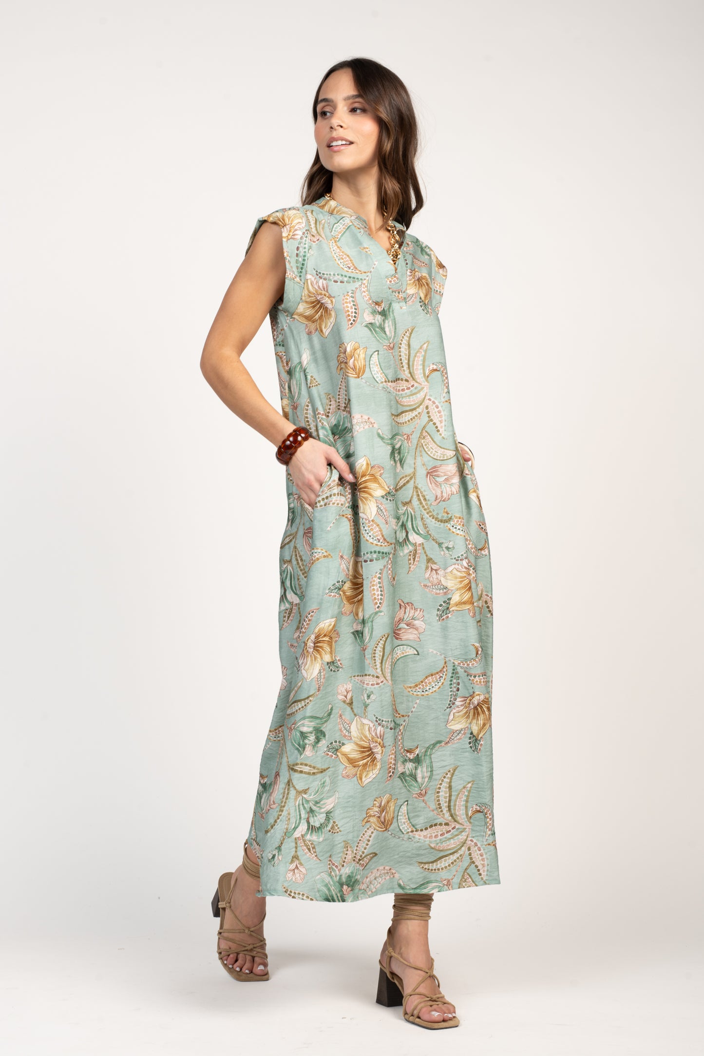 ROBE LONGUE À FLEURS FÉLICIE VERT D'EAU