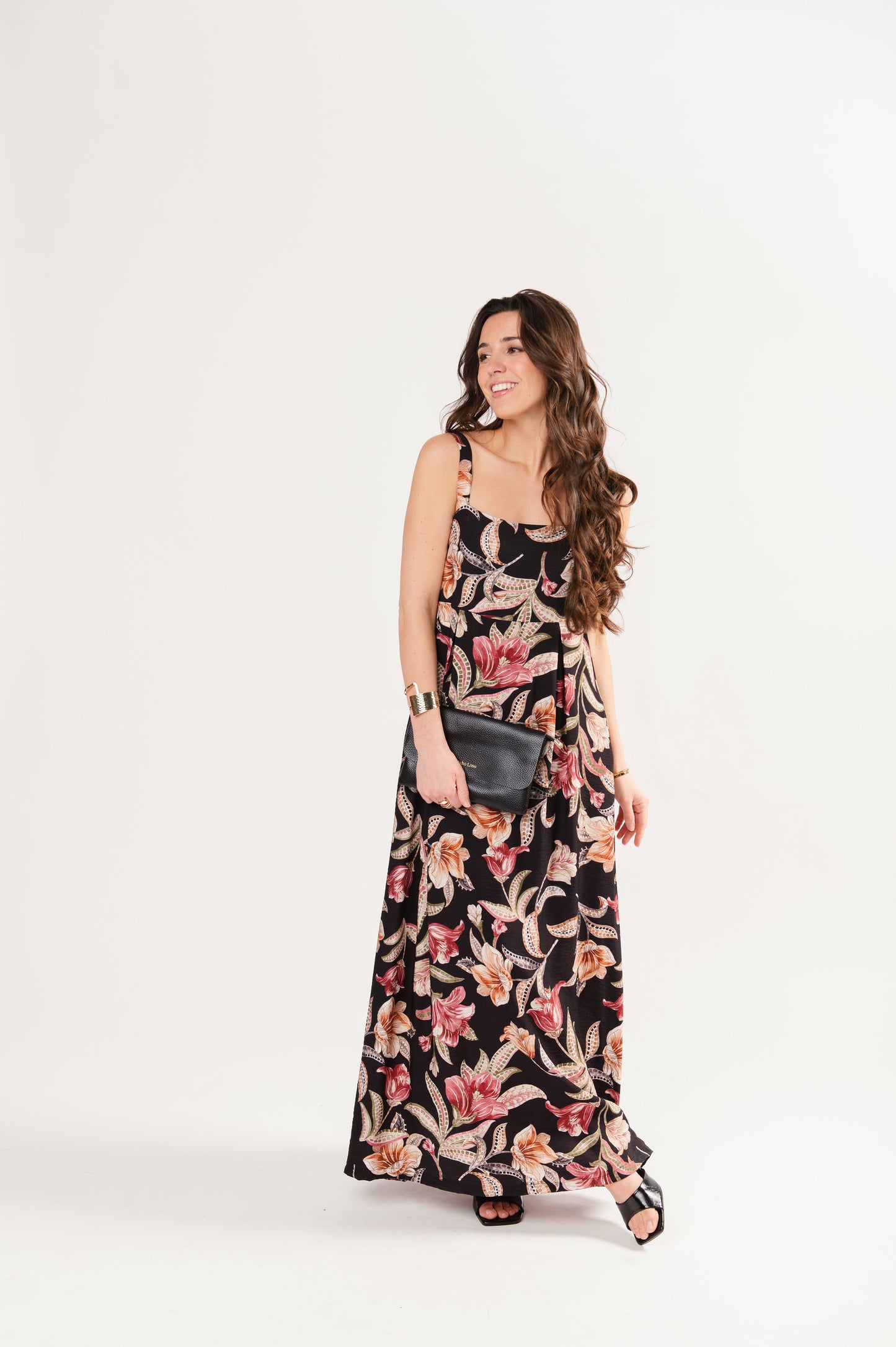 ROBE LONGUE À BRETELLE FLEURIE FELICIA NOIRE