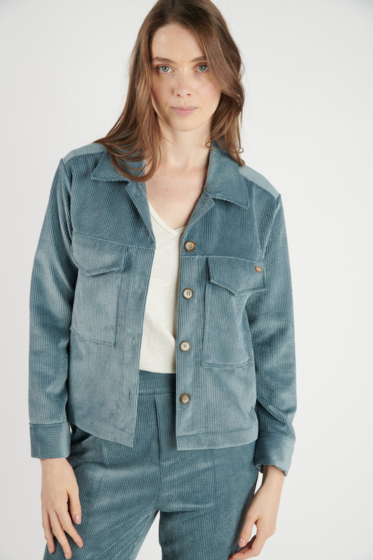 VESTE COURTE VELOURS DENISA BLEU CENDRE