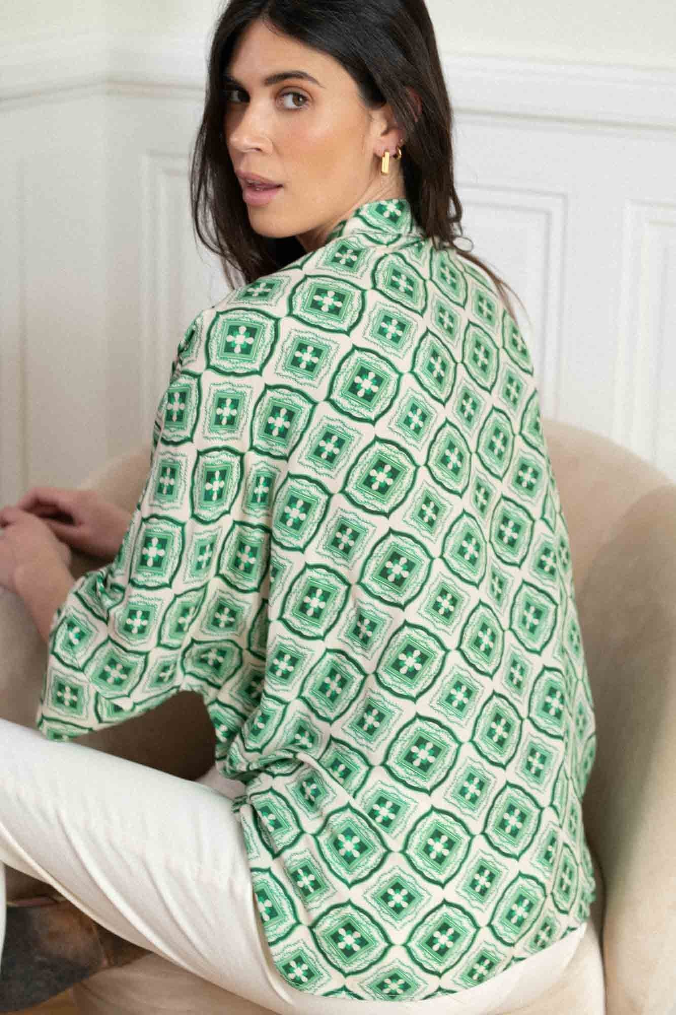 BEATRIZ SHIRT WITH GREEN AZULEJOS PRINT