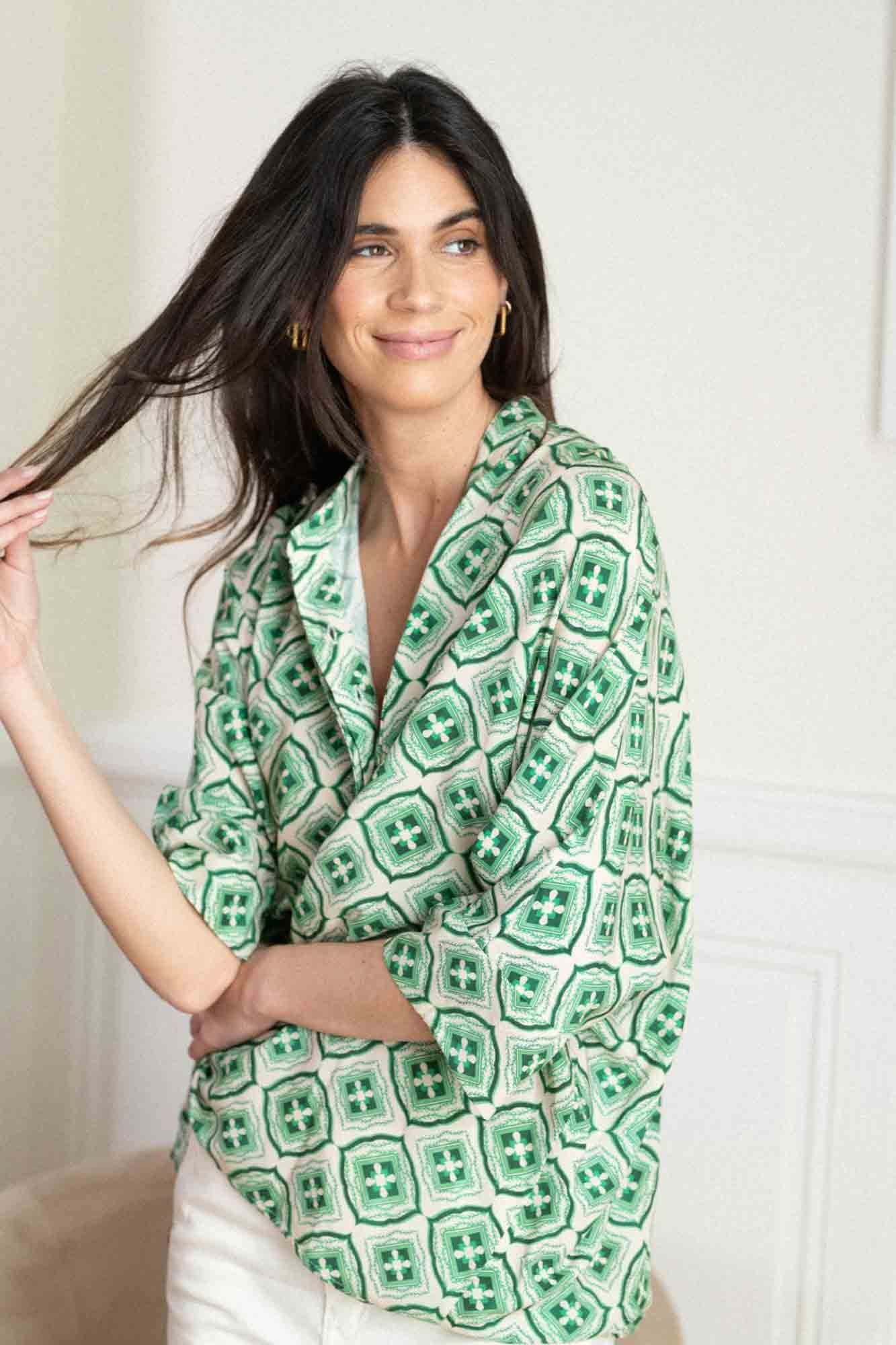 BEATRIZ SHIRT WITH GREEN AZULEJOS PRINT