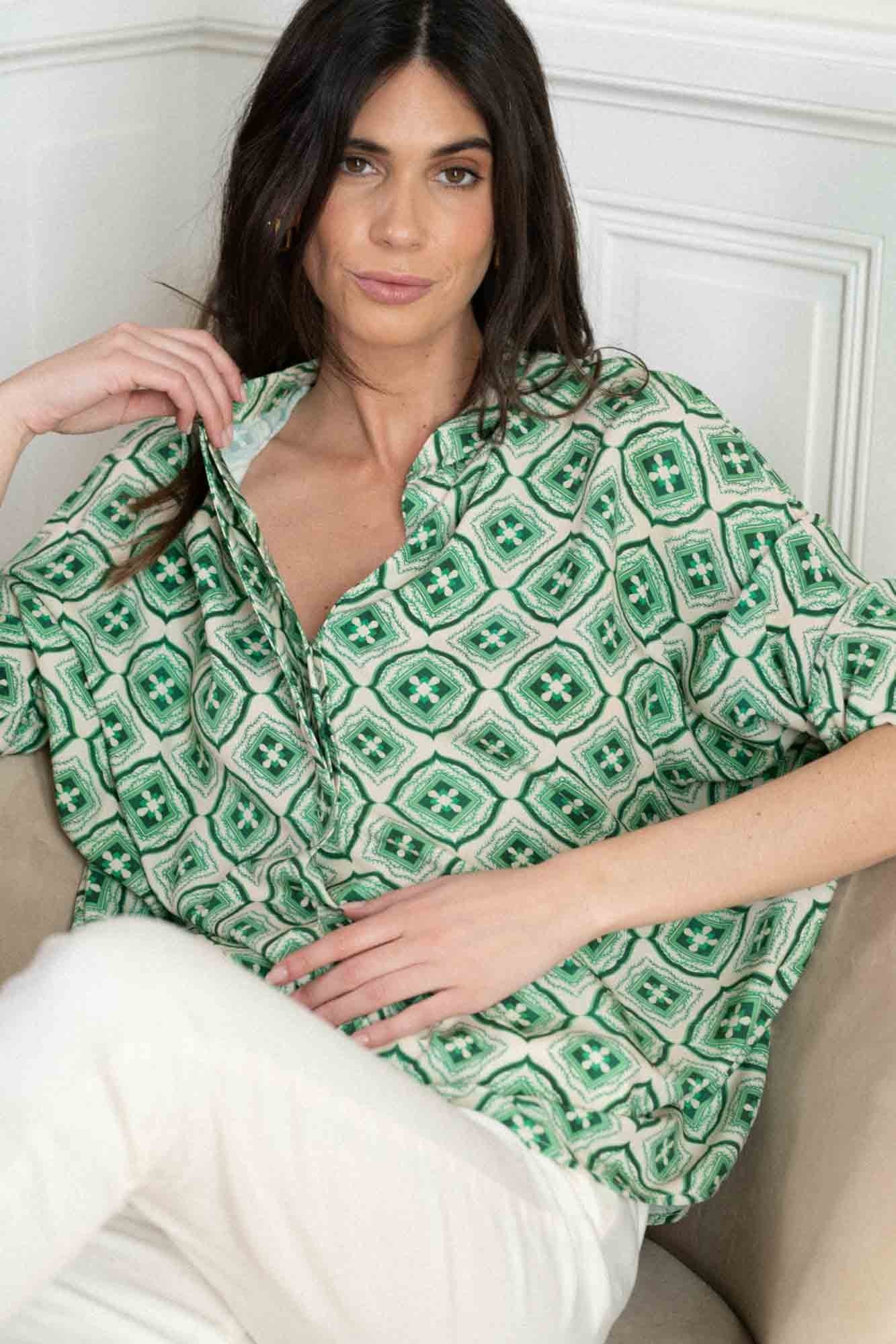 BEATRIZ SHIRT WITH GREEN AZULEJOS PRINT