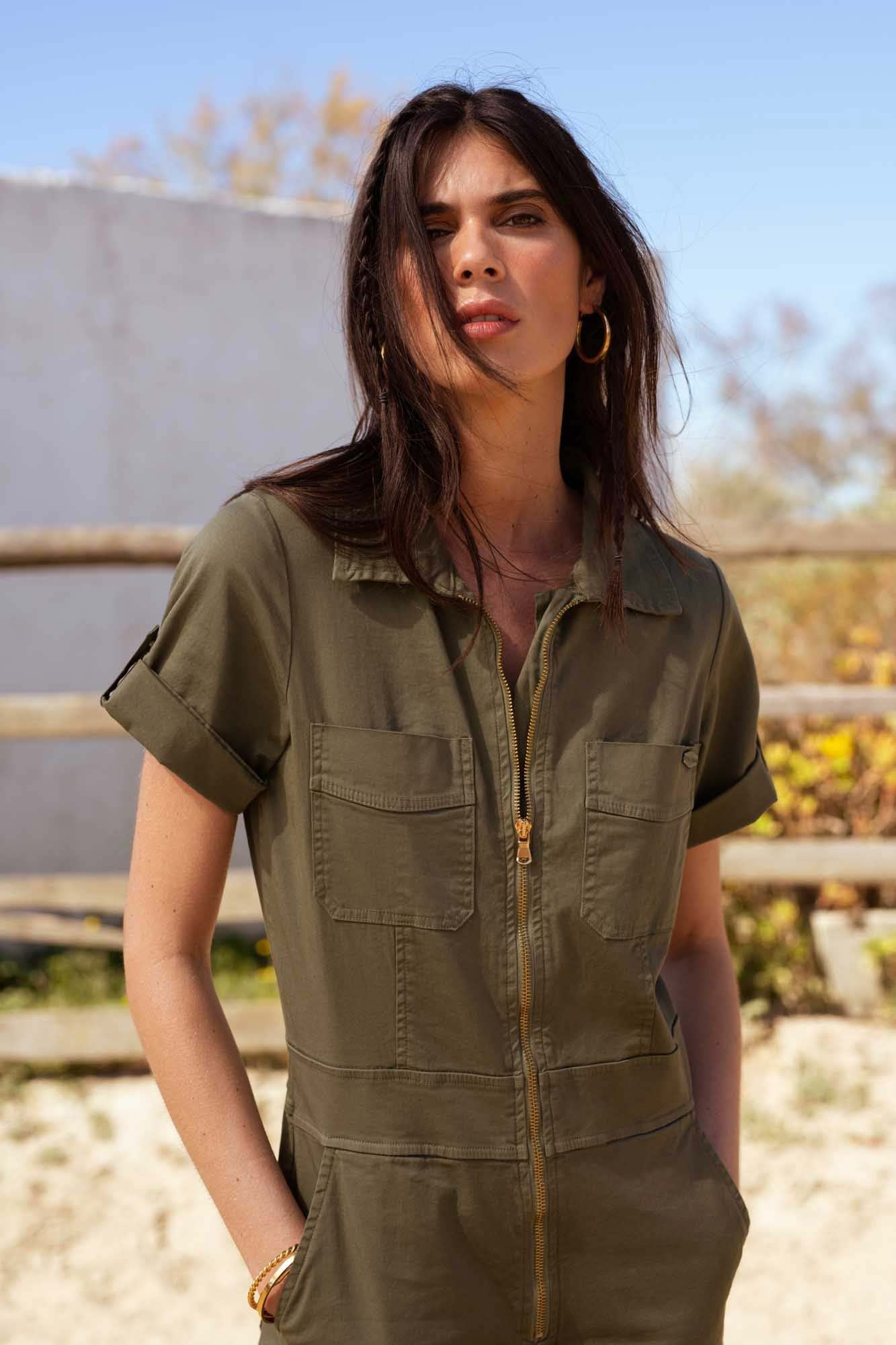 KHAKI ZIP-UP DAKOTA JUMPSUIT