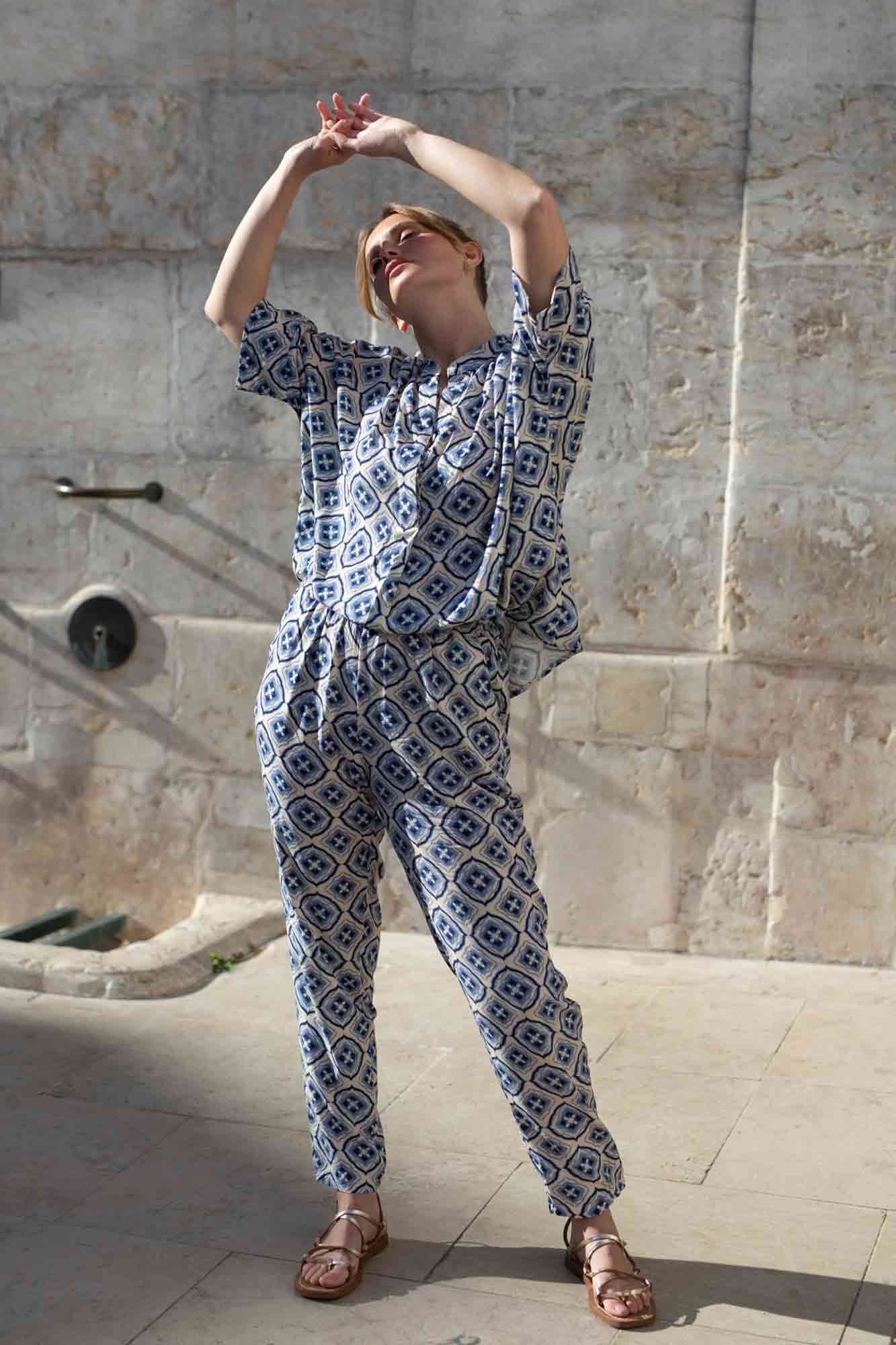 PANTALON JOAO IMPRIMÉ AZULEJOS BLEU