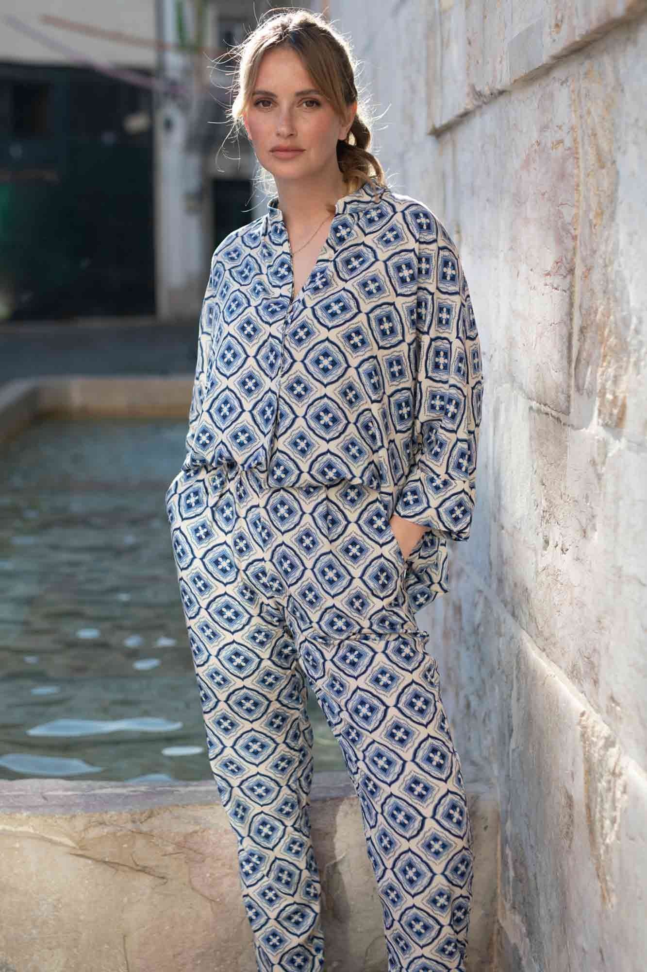 PANTALON JOAO IMPRIMÉ AZULEJOS BLEU