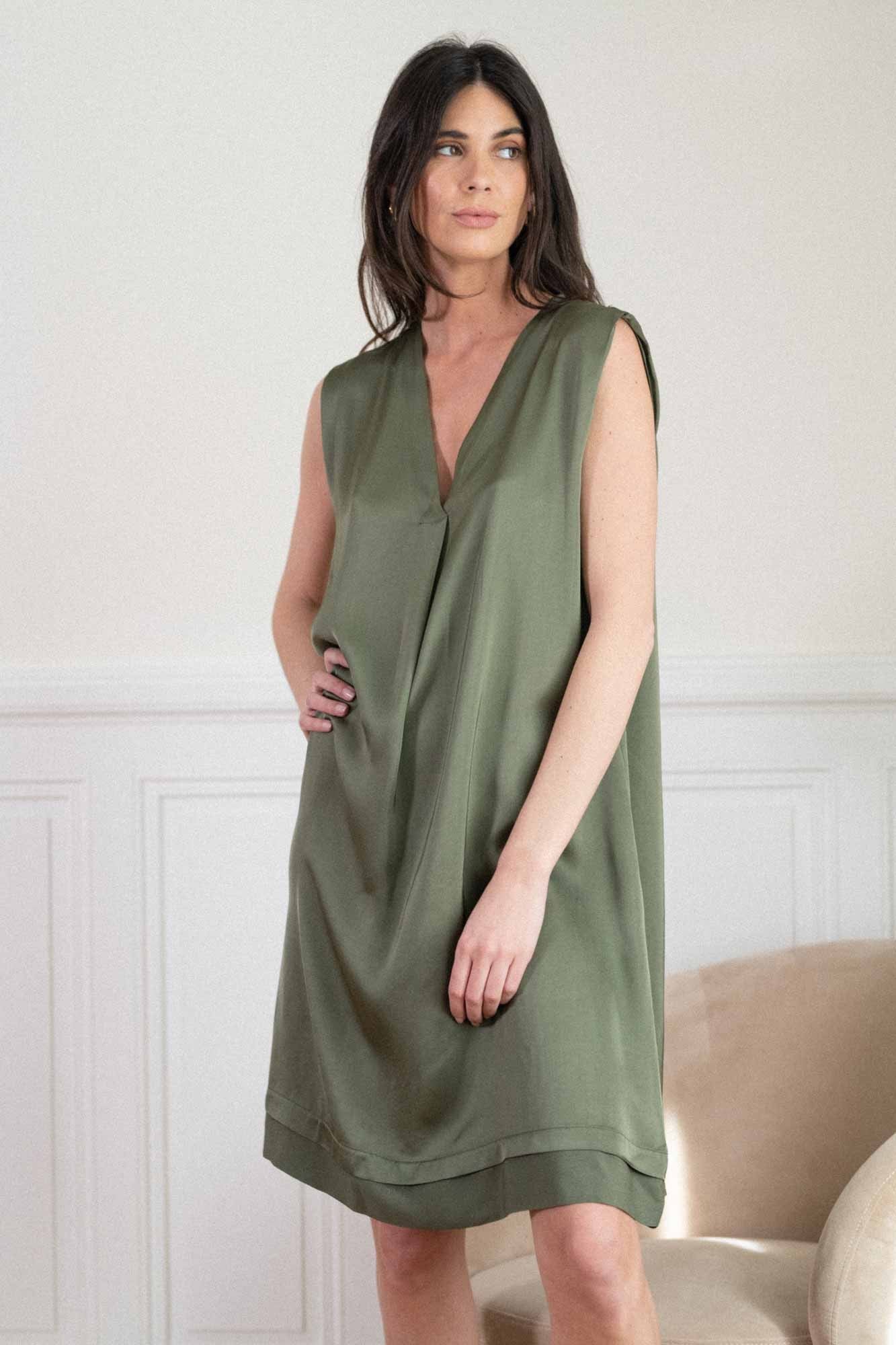 ANASTASYA TWO-MATERIAL KHAKI DRESS