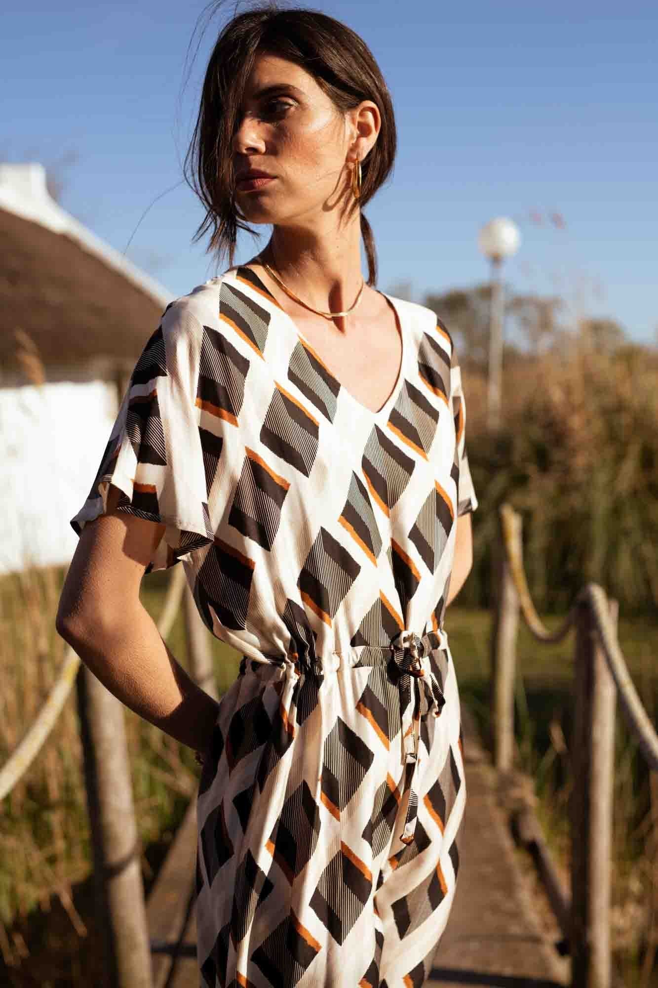 BLACK TOBACCO PRINT GRACE MIDI DRESS
