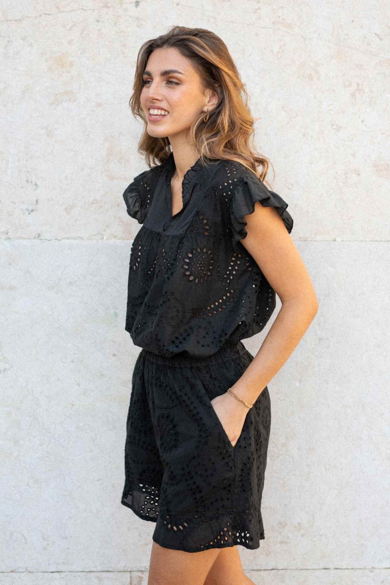 BLACK EMBROIDERED ALFONSO SHORTS