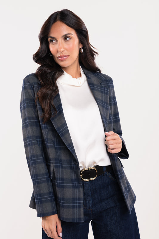 BLAZER À CARREAUX GRIS ET BLEU MARINE - GAËLLE