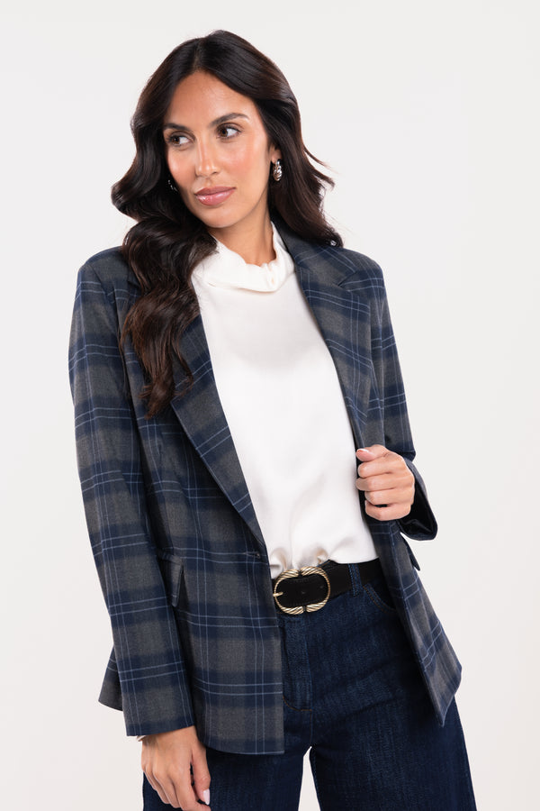 BLAZER À CARREAUX GRIS ET BLEU MARINE - GAËLLE