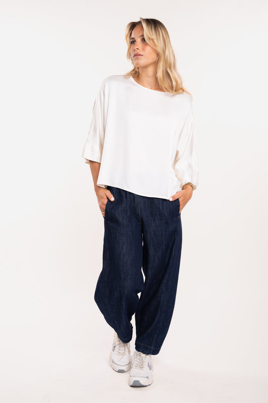 Blouse en satin écrue et jean ballon femme brut 