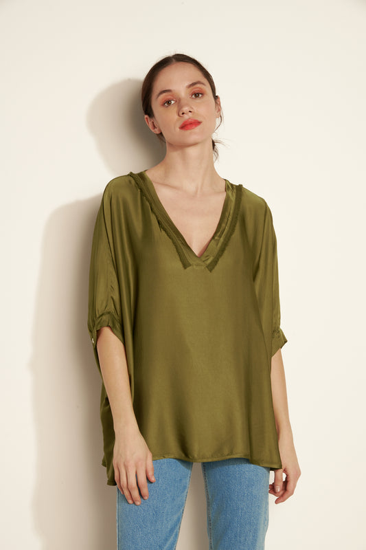 OVER SILKY V-Neck BLOUSE (FA681B05Q07Q) - KHAKI