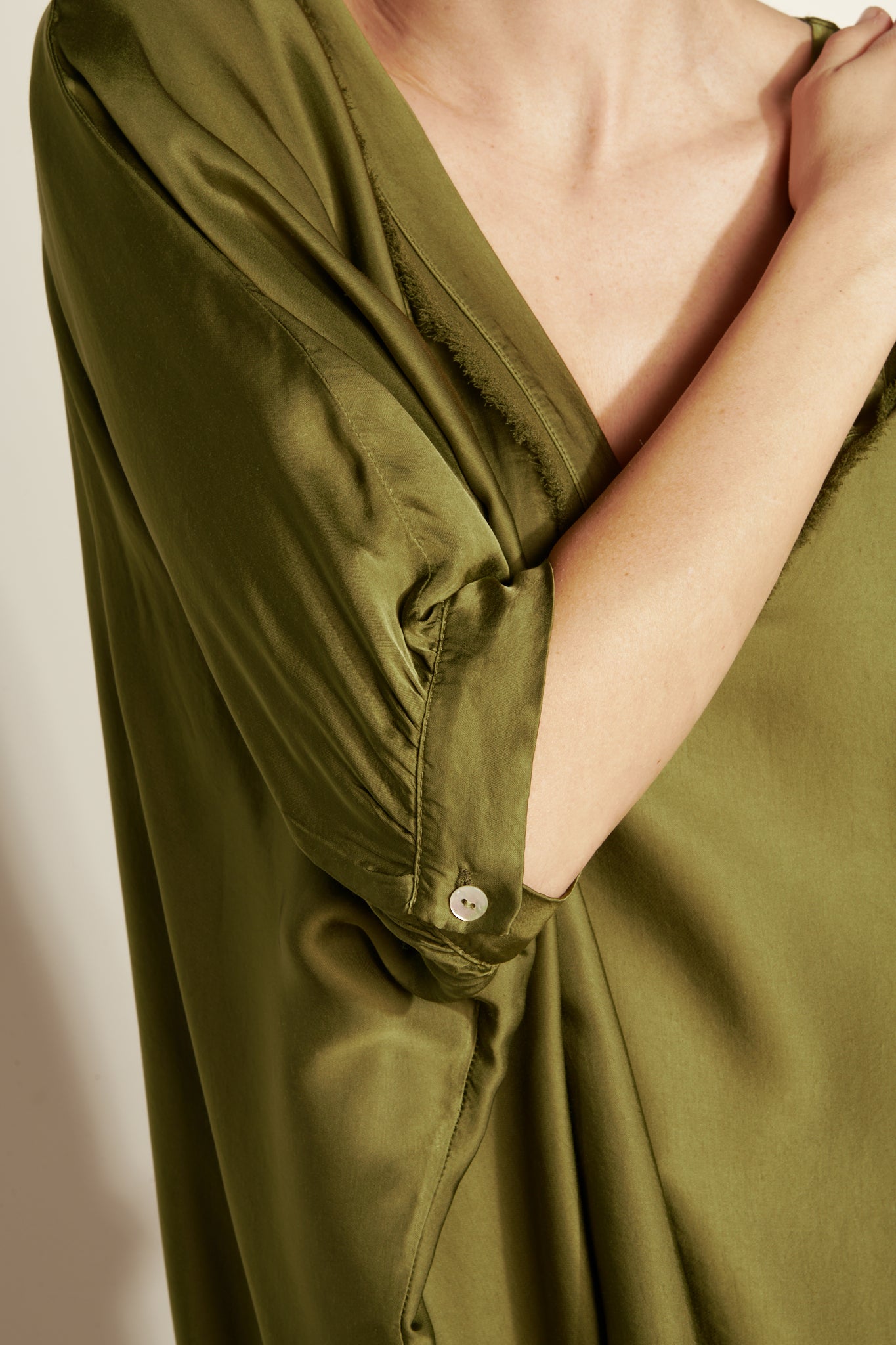 OVER SILKY V-Neck BLOUSE (FA681B05Q07Q) - KHAKI
