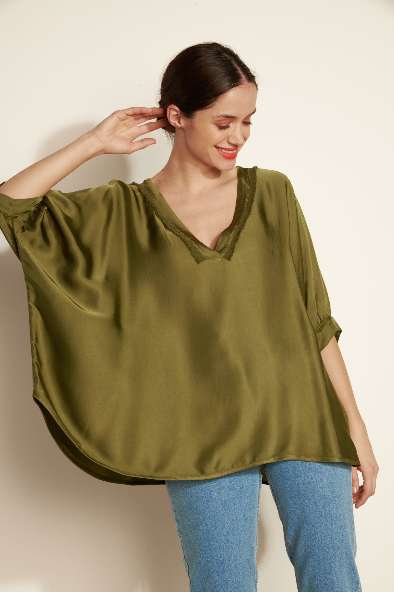 OVER SILKY V-Neck BLOUSE (FA681B05Q07Q) - KHAKI
