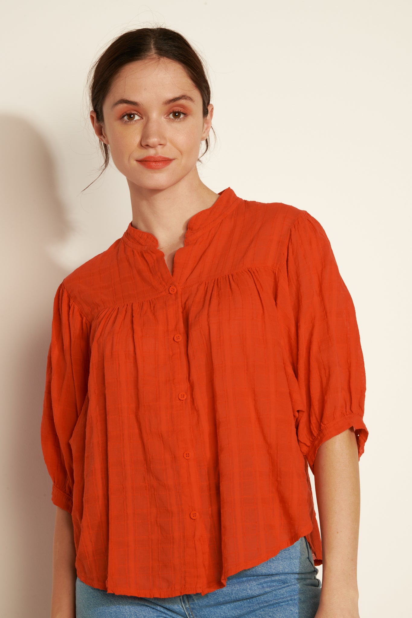 COTTON VOILE TEXTURED PAINTER BLOUSE - ORANGEADE