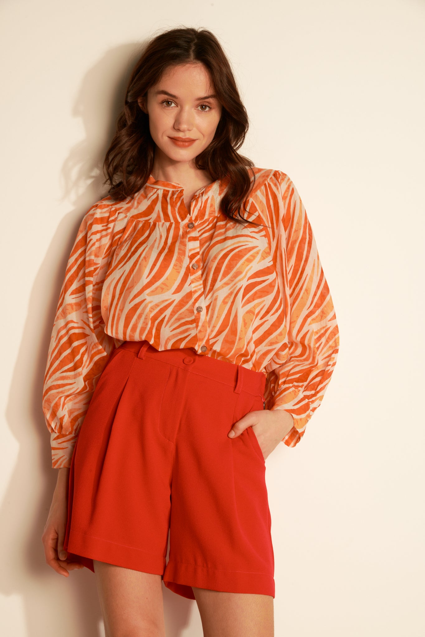 PRINT COTTON VOILE PAINTER BLOUSE - WAVE ORANG
