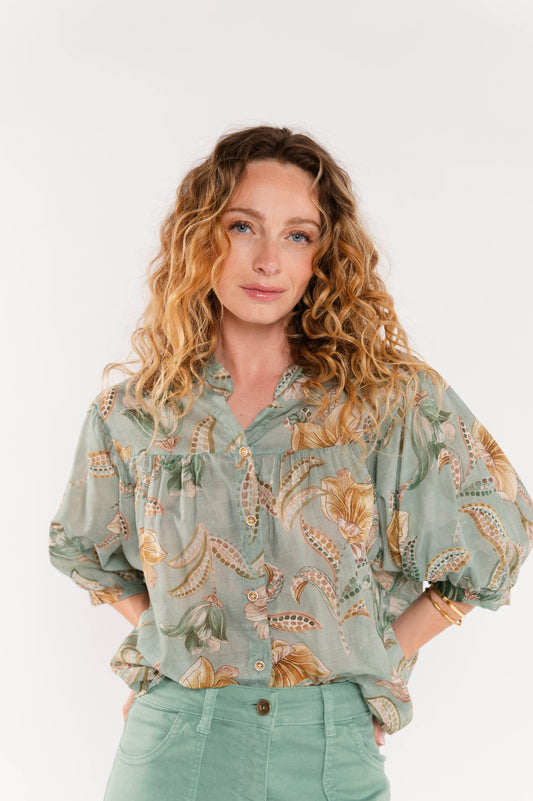 BLOUSE FLEURIE ÉLINE VERT D'EAU