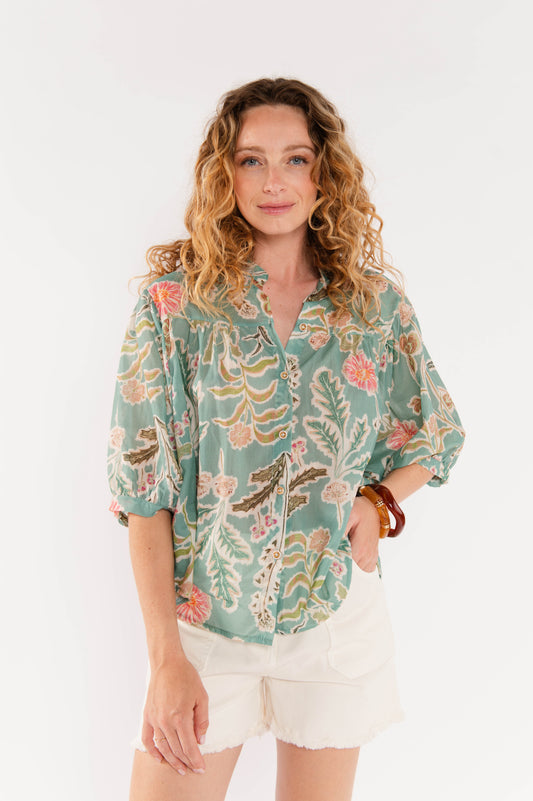 BLOUSE À FLEURS ÉLIANE VERT D'EAU