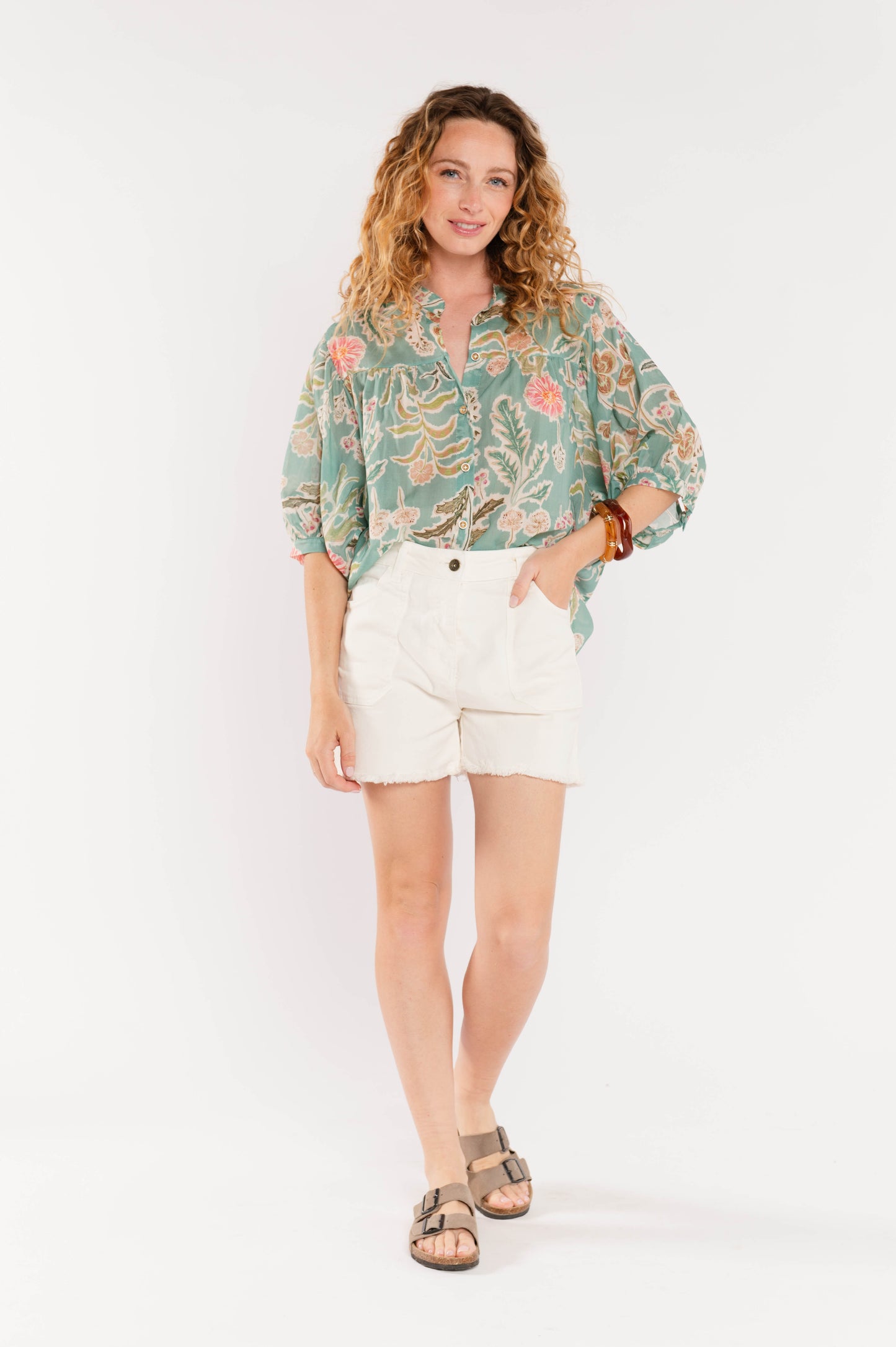 BLOUSE À FLEURS ÉLIANE VERT D'EAU