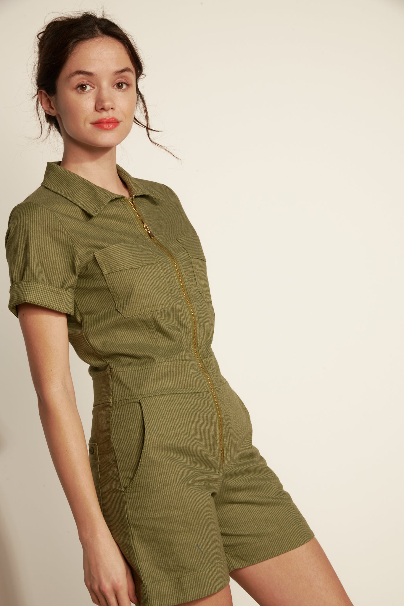 FINE STRIPED COMBISHORT - KHAKI