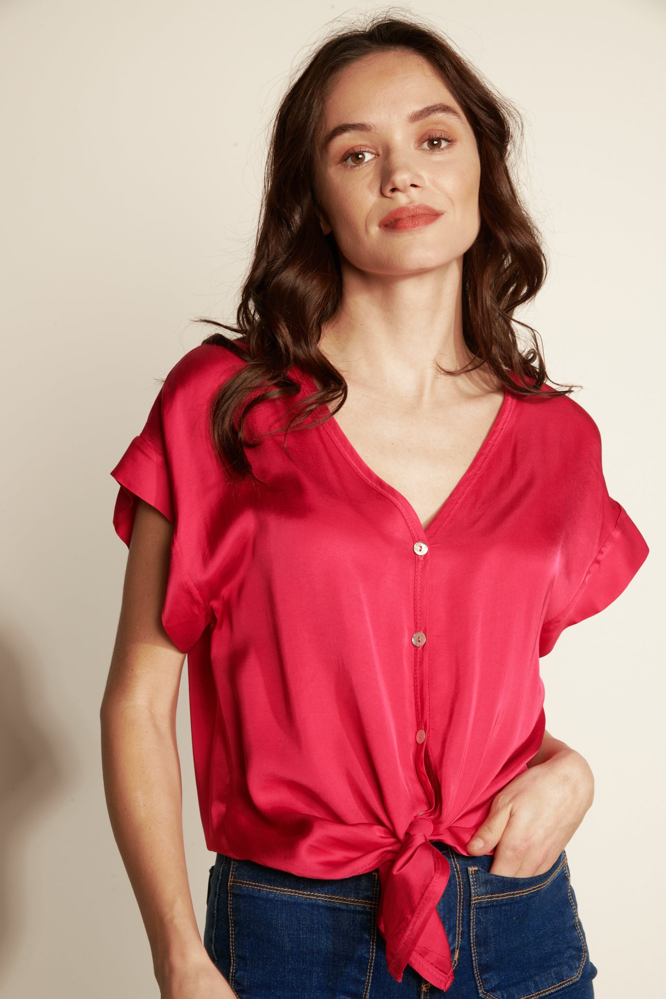 SHORT Knotted SILKY SHIRT (FA240C05Q) - FUSHIA