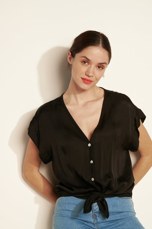 SHORT Knotted SILKY SHIRT (FA240C05Q) - BLACK