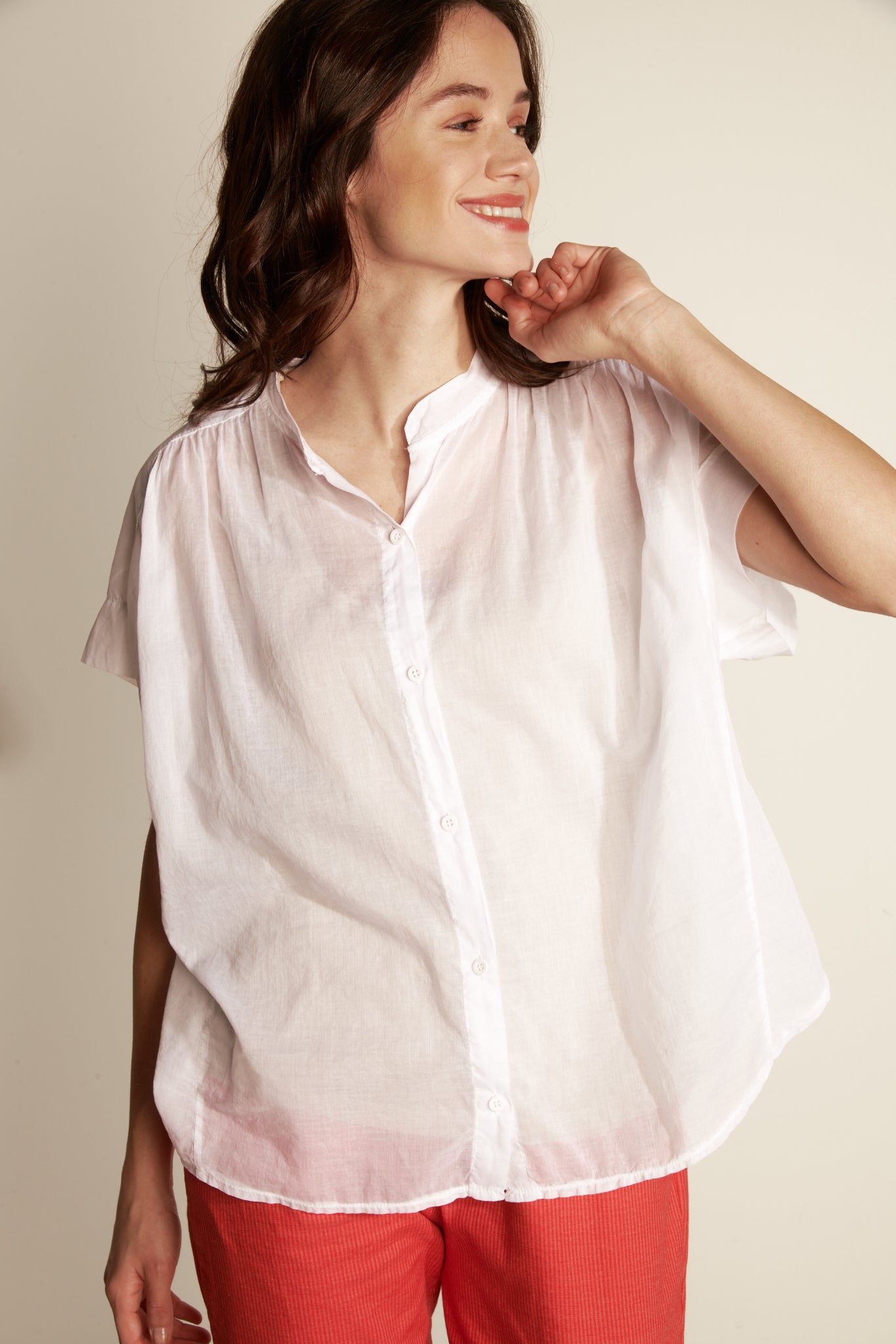 OVER SS SHIRT WITH SOLID COTTON VOILE SLEEVE - WHITE