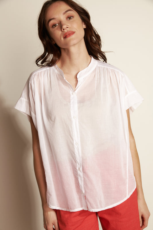 OVER SS SHIRT WITH SOLID COTTON VOILE SLEEVE - WHITE