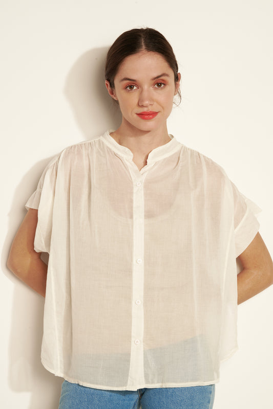 OVER SS SHIRT WITH VOILE SLEEVE, PLAIN COTTON - NATURAL