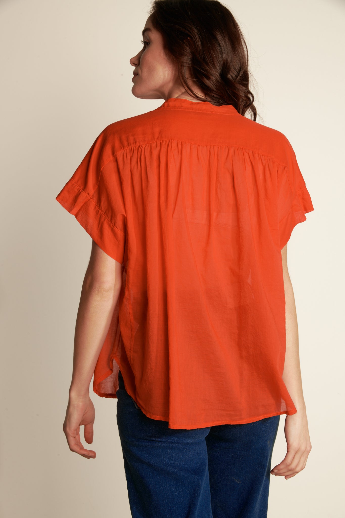 OVER SS SHIRT WITH SOLID COTTON VOILE SLEEVE - ORANGEADE