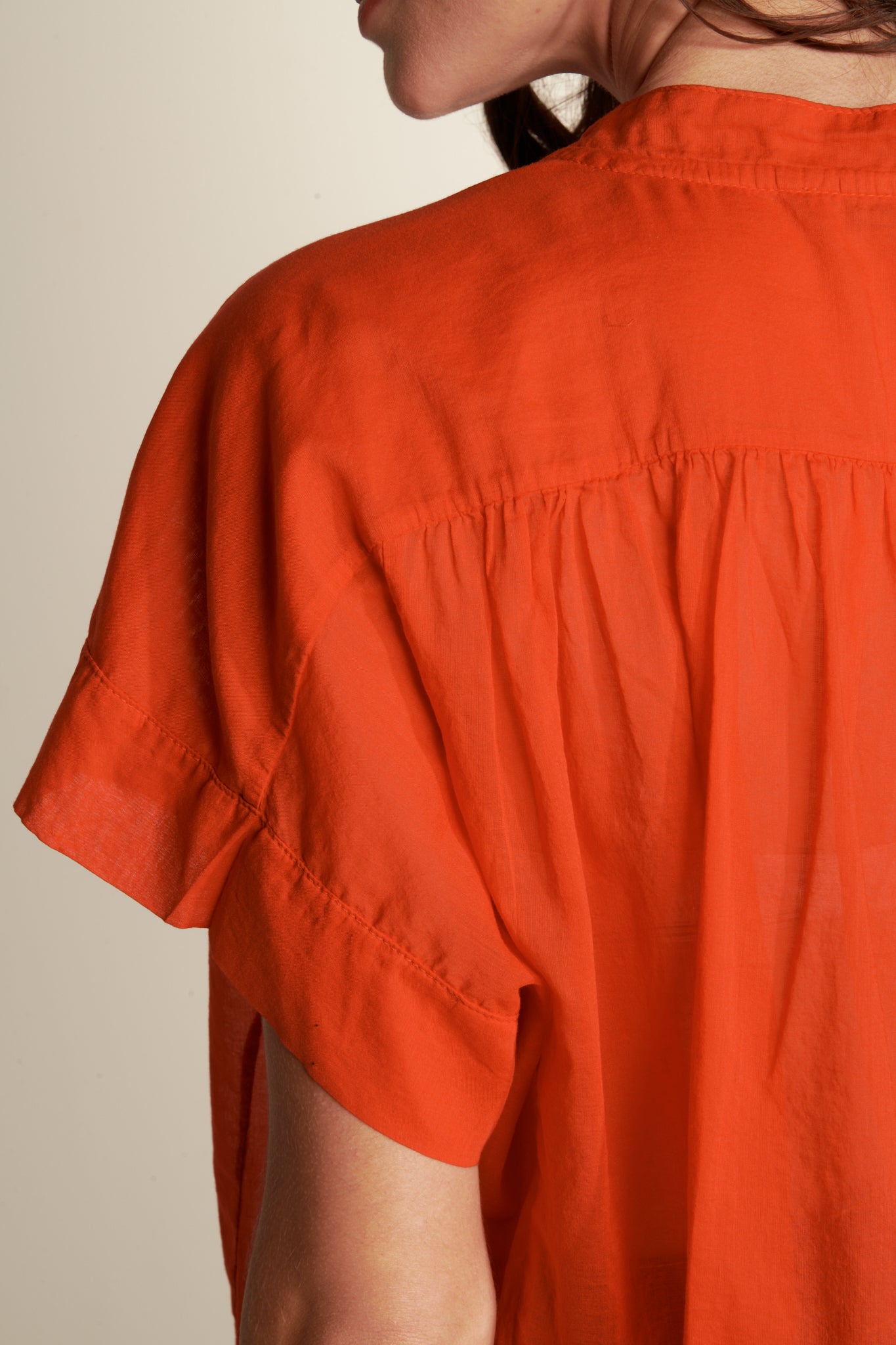 OVER SS SHIRT WITH SOLID COTTON VOILE SLEEVE - ORANGEADE