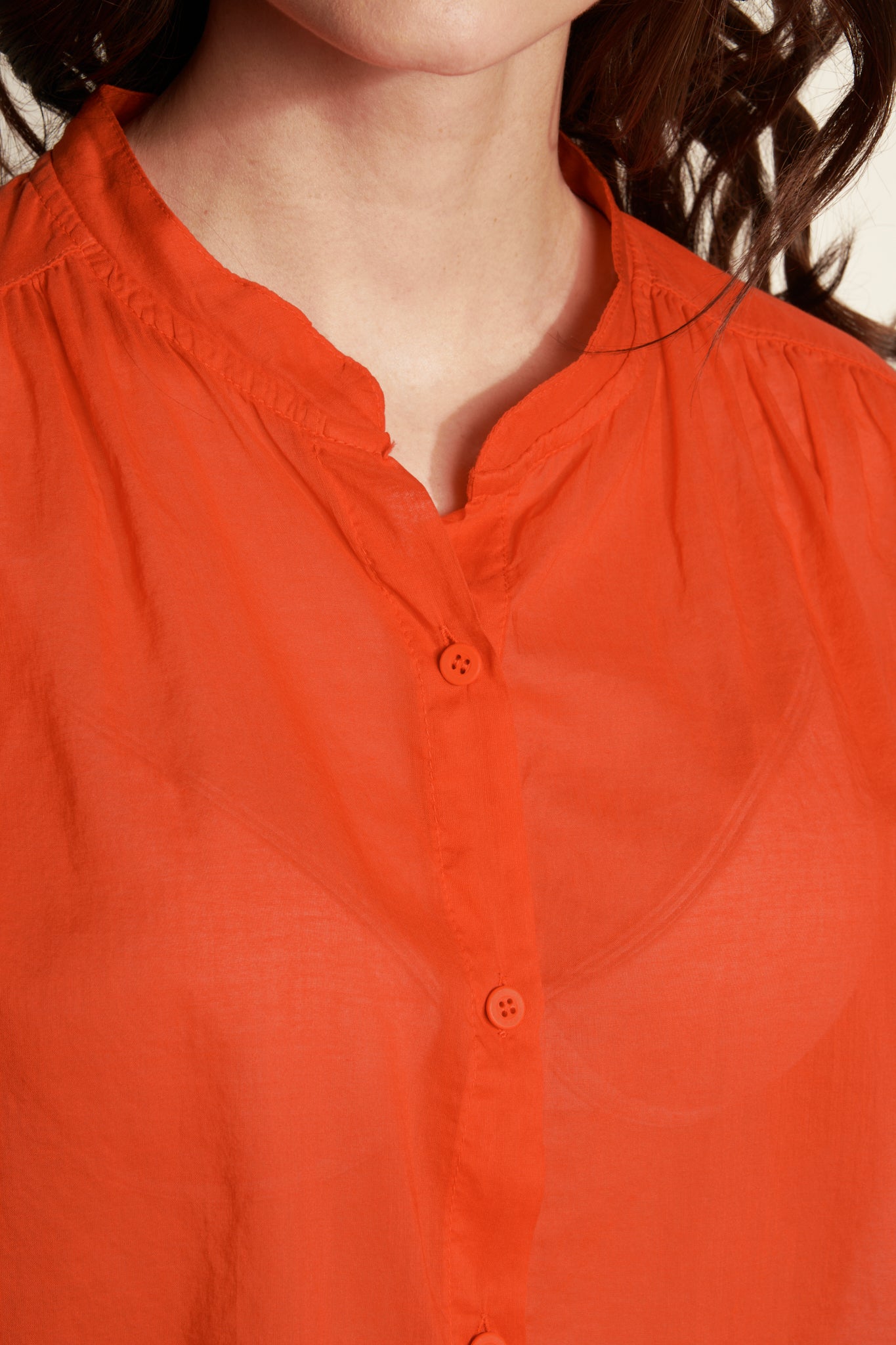 OVER SS SHIRT WITH SOLID COTTON VOILE SLEEVE - ORANGEADE