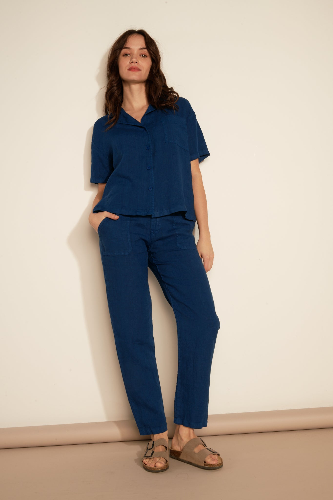 SHORT BUTTONED LINEN SHIRT - OCEAN