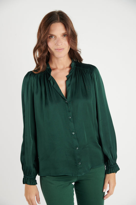 CHEMISE COL PLISSÉ FLORA VERT PIN