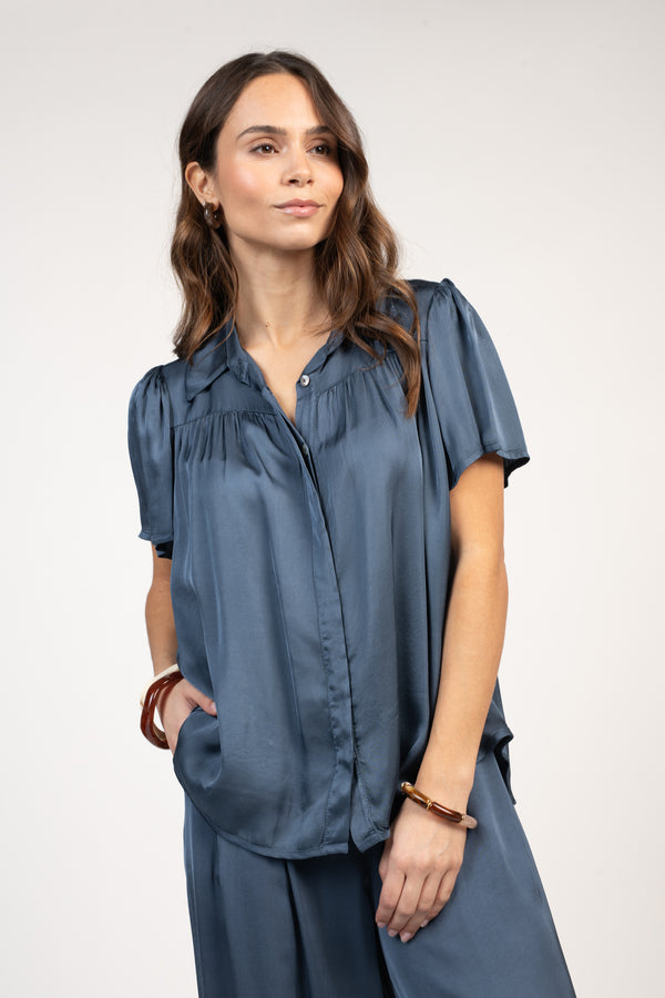 CHEMISIER SATINÉ ÉVANGÉLINA BLEU