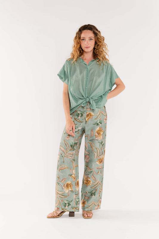 PANTALON À FLEURS ESMÉ VERT D'EAU