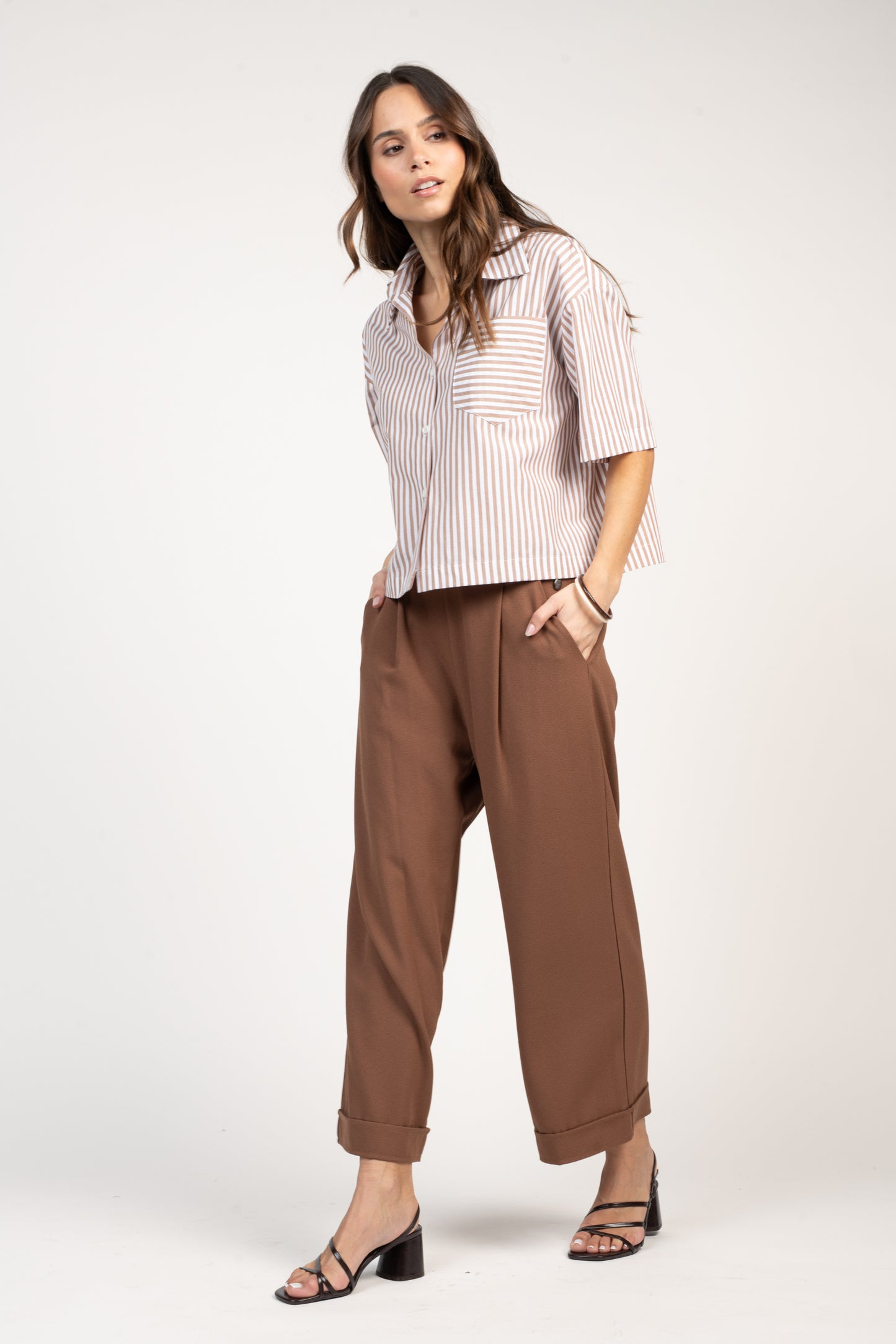 PANTALON 7/8ÈME ÉVASÉ EVA MARRON