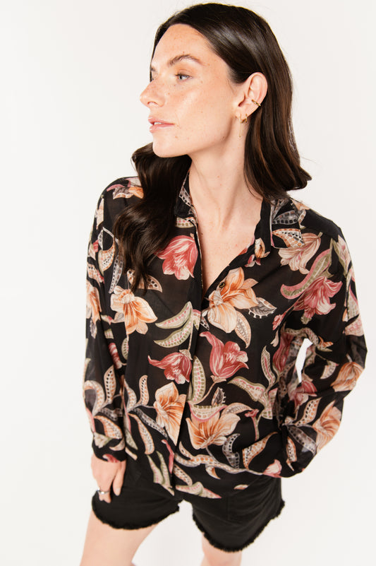 CHEMISE À FLEURS EN VOILE DE COTON ELFIE NOIR