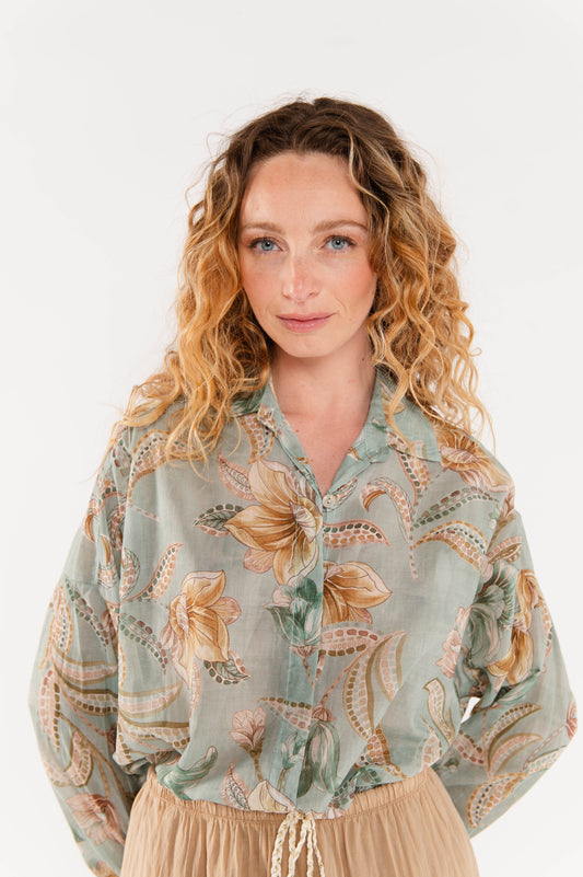 CHEMISE À FLEURS EN VOILE DE COTON ELFIE VERT D'EAU