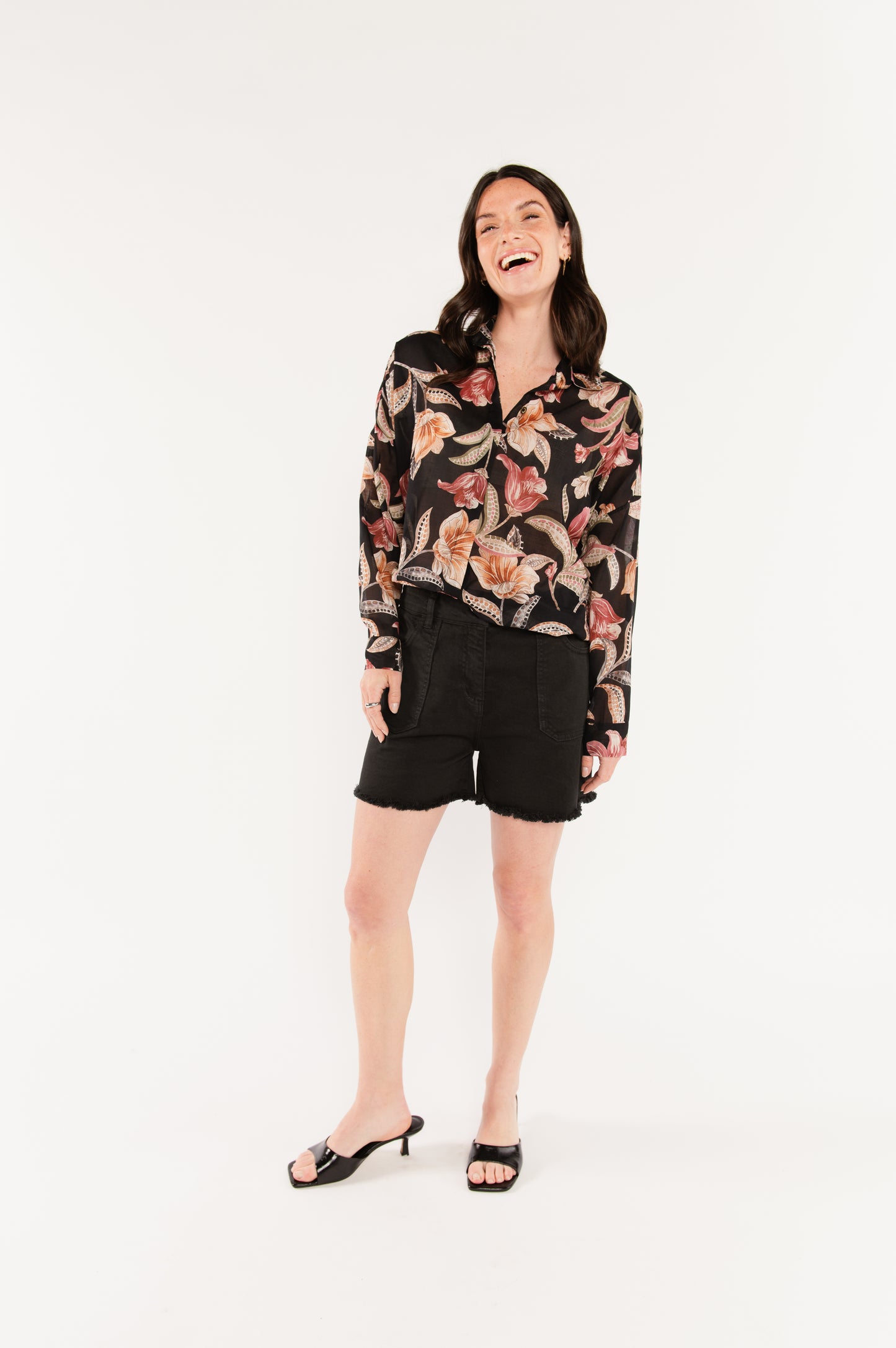 CHEMISE À FLEURS EN VOILE DE COTON ELFIE NOIR