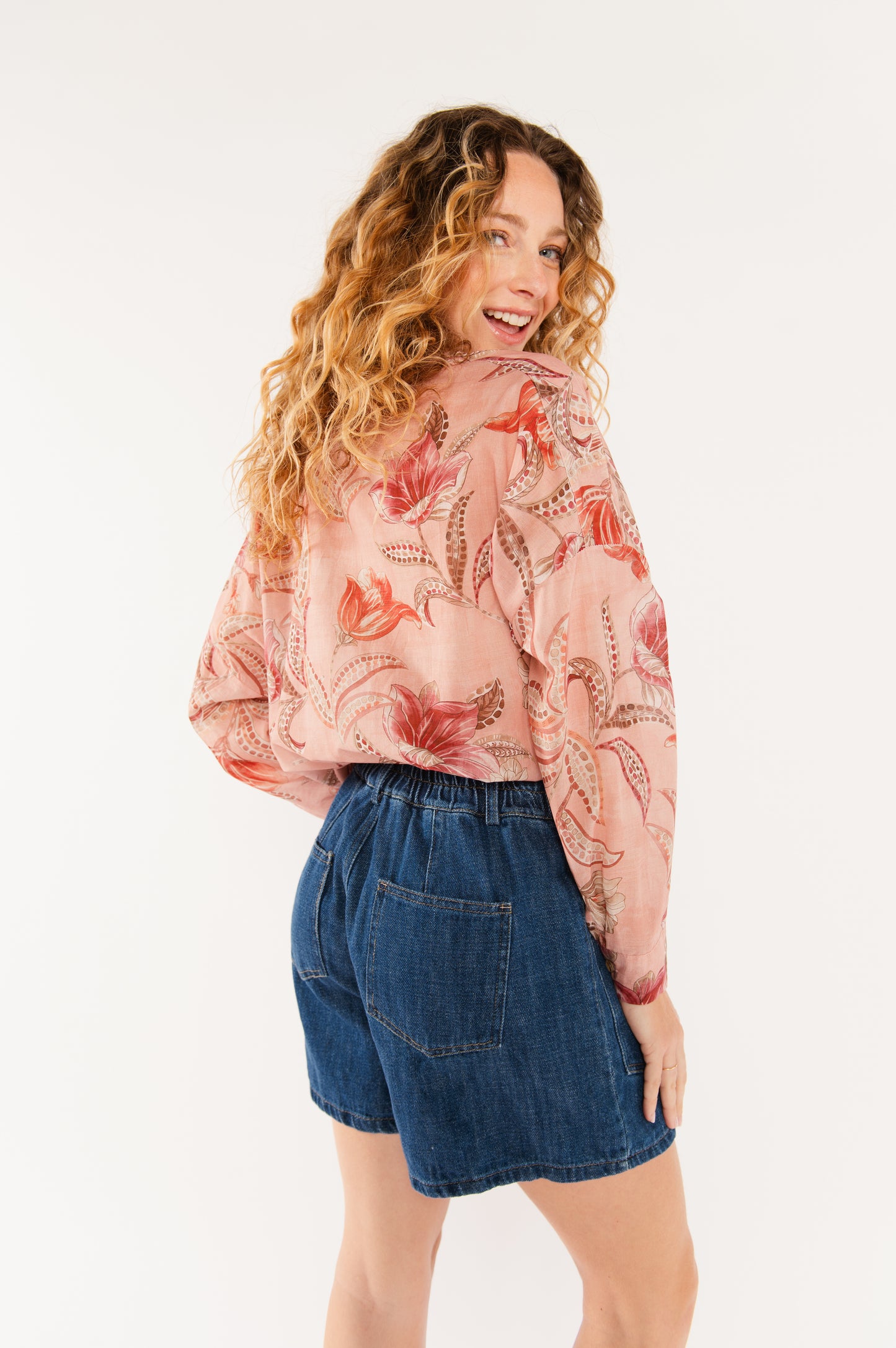 CHEMISE À FLEURS EN VOILE DE COTON ELFIE ROSE
