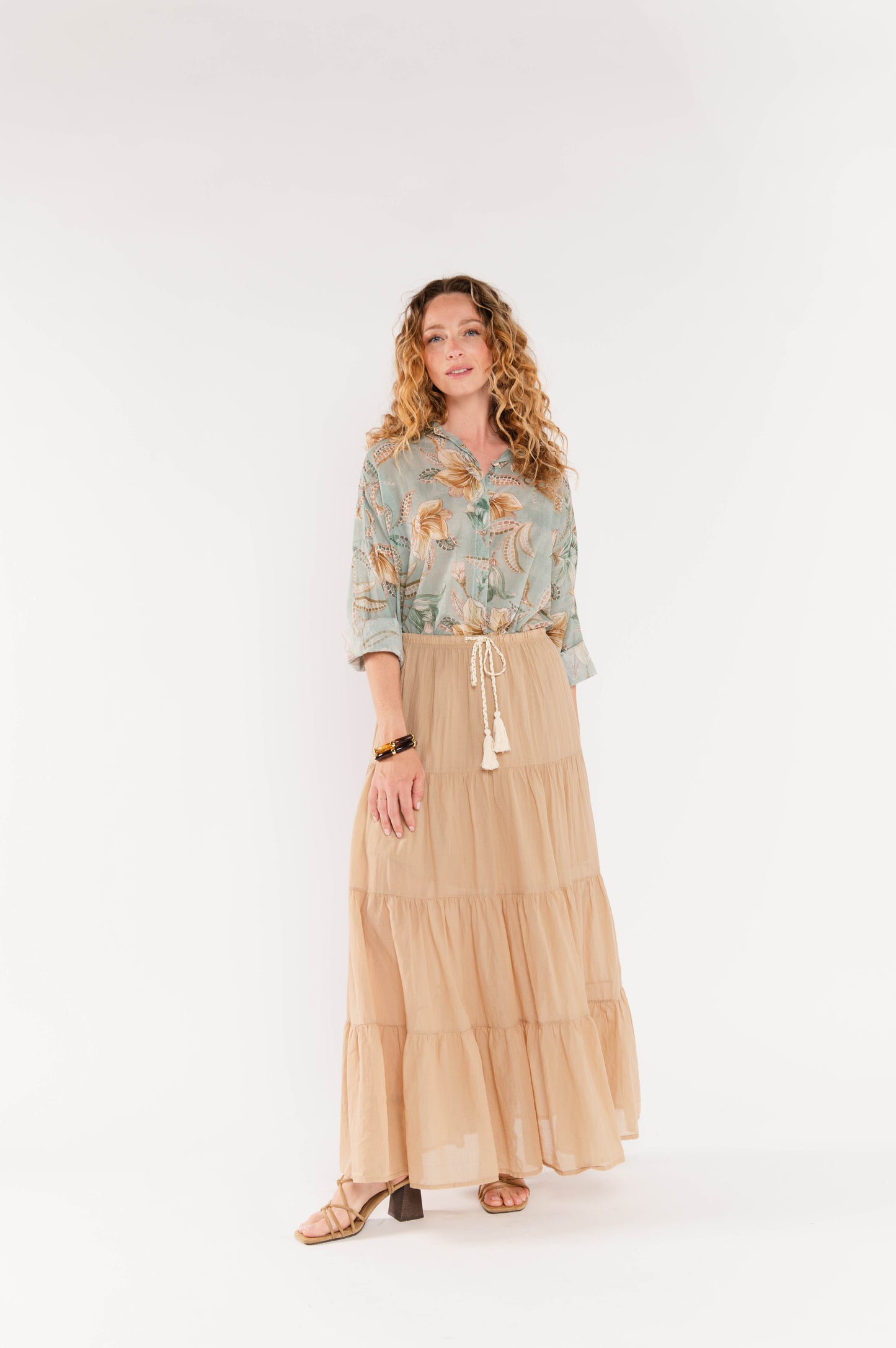 CHEMISE À FLEURS EN VOILE DE COTON ELFIE VERT D'EAU